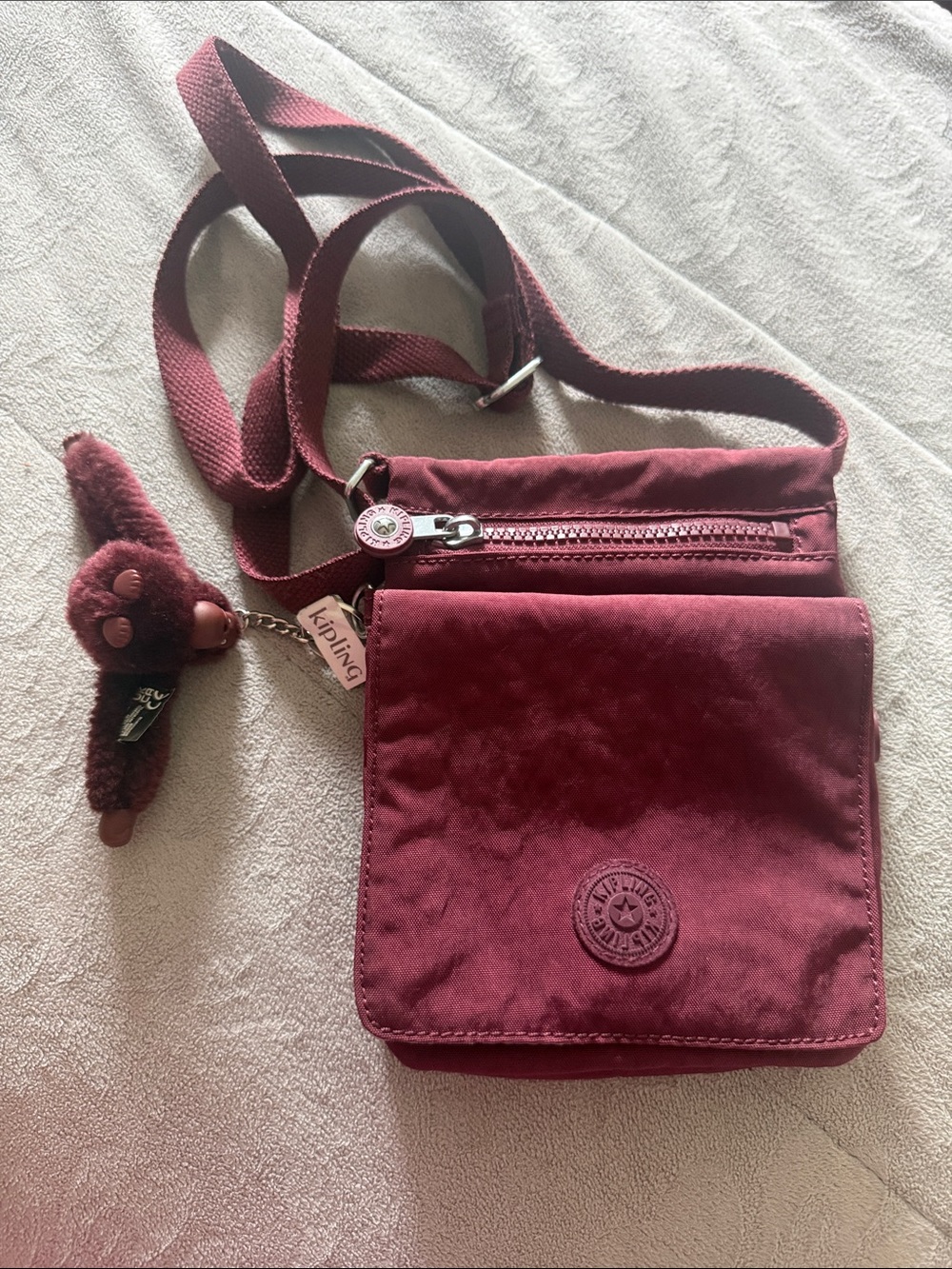 Kipling Burgundy Crossbody Bag with Monkey Keychain